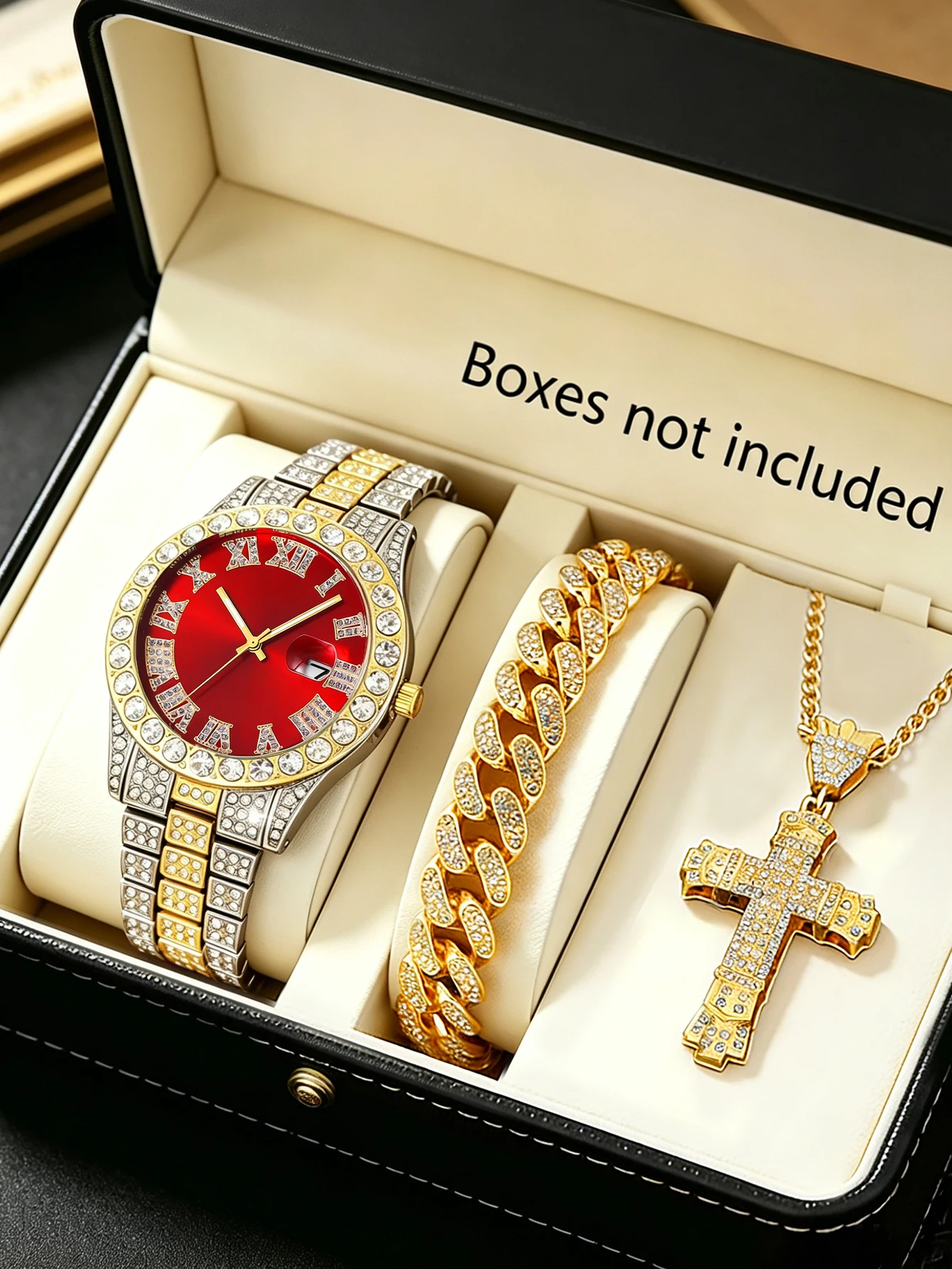 3-Piece Set, Men's Luxurious Quartz Watch with Cuban Bracelet, Cross Pendant Necklace, Stylish and Shiny, Red Watch Face, with Calendar, Perfect Gift for Halloween, Christmas, and New Year.