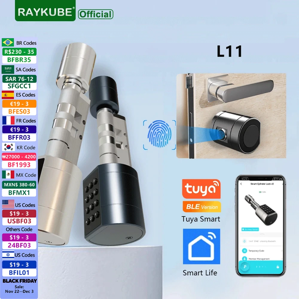 RAYKUBE L11 TT Lock BLE Fingerprint Cylinder Digital Door Lock With Adjustable Cylinder Length Password/Key/TT Lock APP Unlok