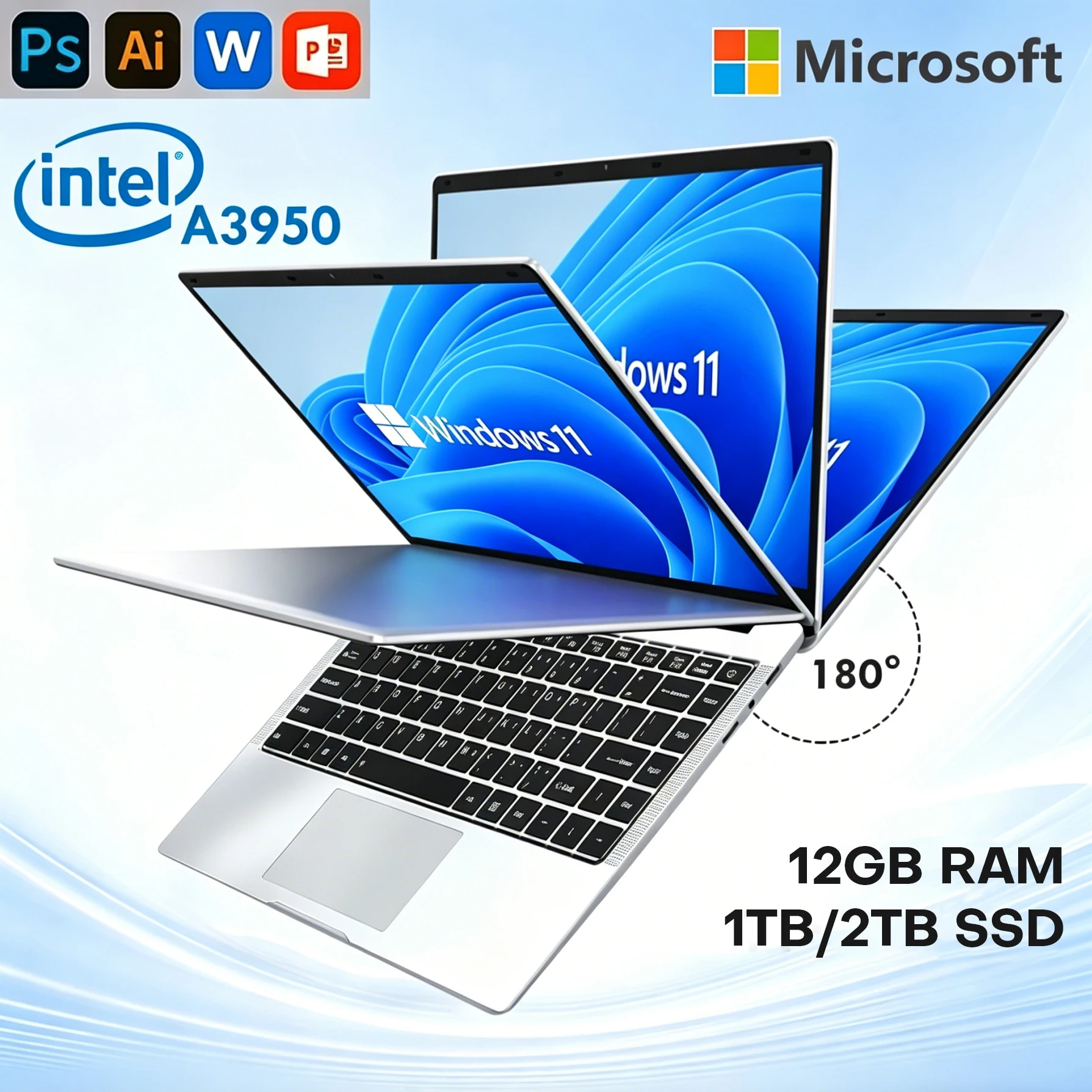 Xiaman Nowy Laptop 14,1 cala Windows 11 Intel Atom A3950 2026 Notebook PC 12GB RAM 512GB 1TB SSD 1920*1080P Komputer Biurowy