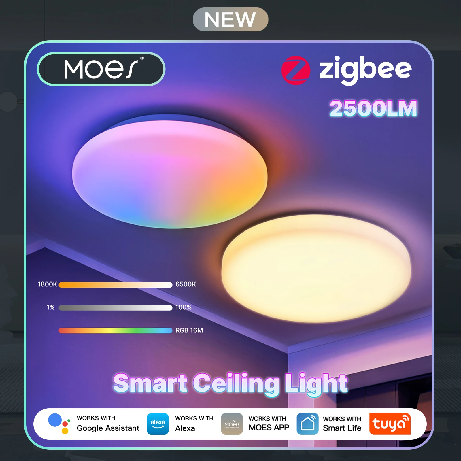 

MOES Tuya Zigbee Smart Ceiling LED Light Ambient Lamp Color Temp Tunable RGB Dimming App Voice Control Work with Alexa Google