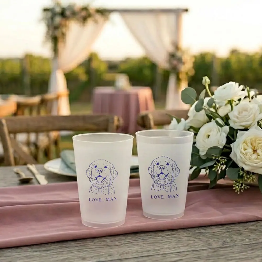 Custom Frosted Plastic Wedding Cups, Monogram Reusable Drink Tumblers for Wedding Reception Table Decor and Guest Favors.