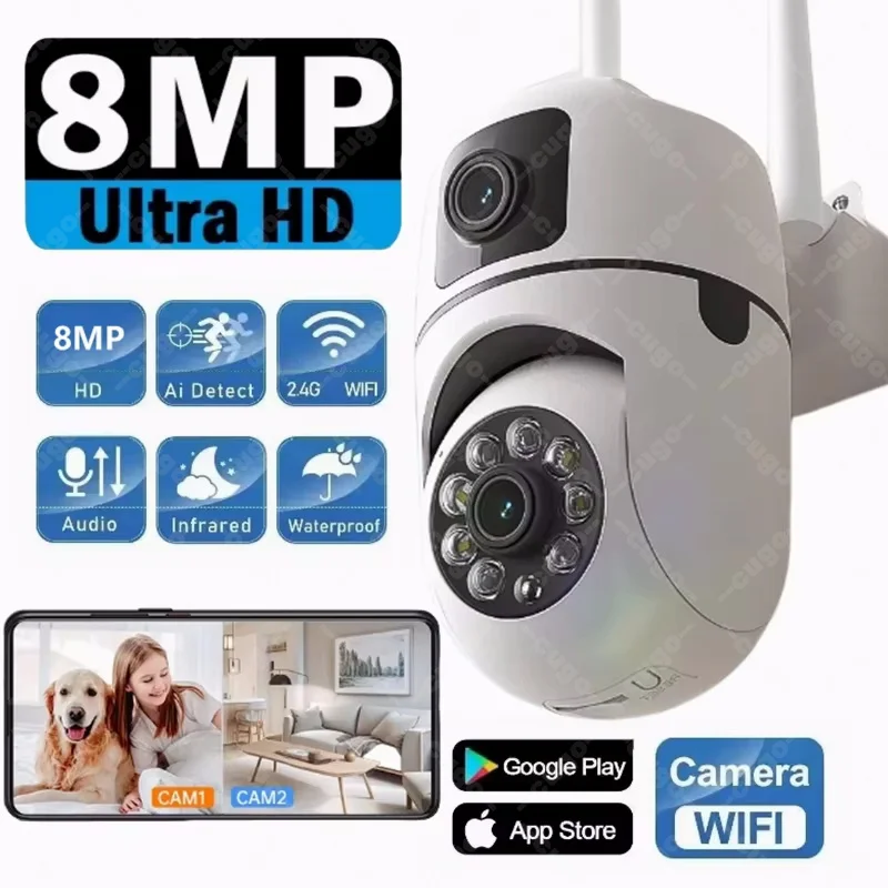 8MP IP Camera WIFI 8X Zoom PTZ Dual Lens Surveillance CCTV Camera Two-way Audio Color Night Vision Motion Detection Wireless Cam