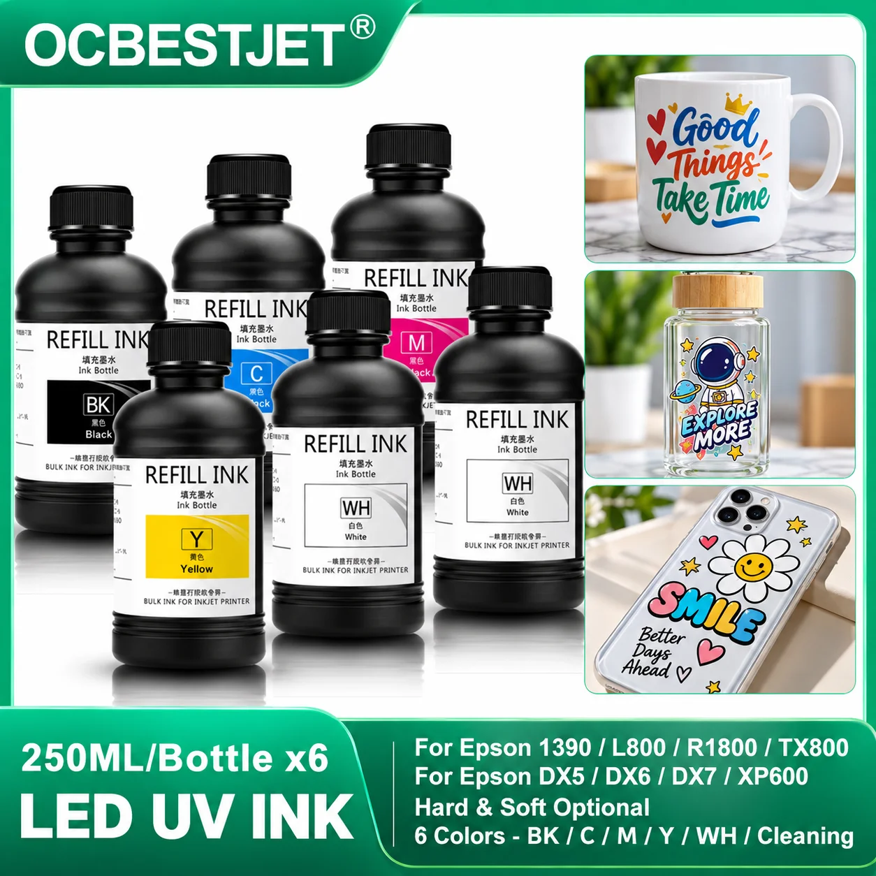 6x250ml L805 UV DTF Ink and Varnish for UV DTF Film A B for Epson UV Printer DX5 XP600 TX800 1390 L800 L1800 UV Bulk Ink Kit