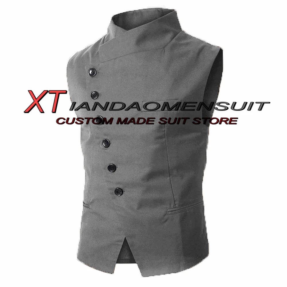 Men\'s Suit Vest Stand Collar Steampunk Sleeveless Jacket Male Wedding Groom Vests Retro Slim Fit Waistcoat