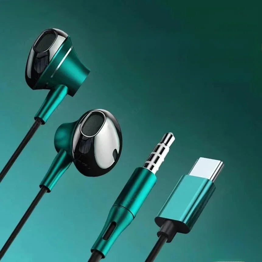 Tipo C HiFi Bass Stereo Headphones, Volume Headset Controle com HD Mic, 3,5 milímetros com fio