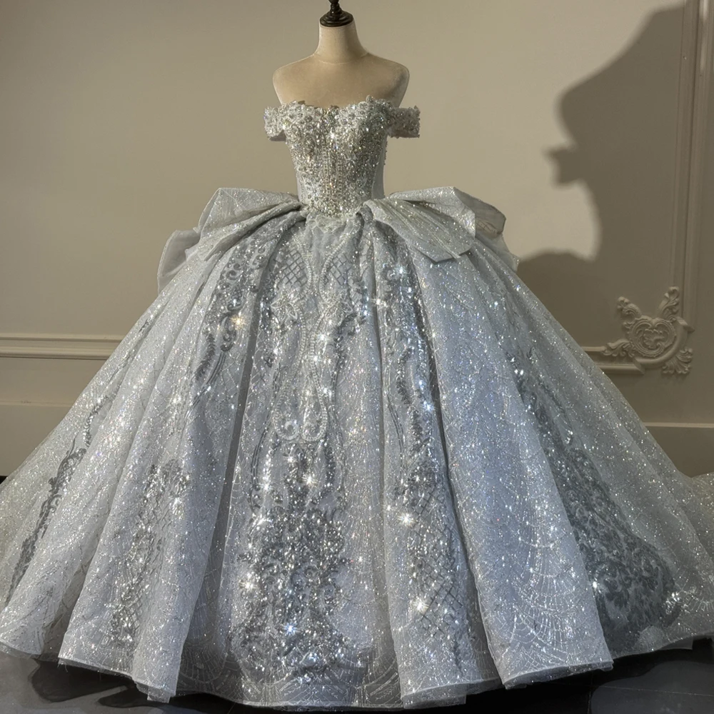 Luxury Silver Wedding Gown Rhinestone Beading Lace Off The Shoulder Ball Gown Long Tail  Robe De Mariée 2026