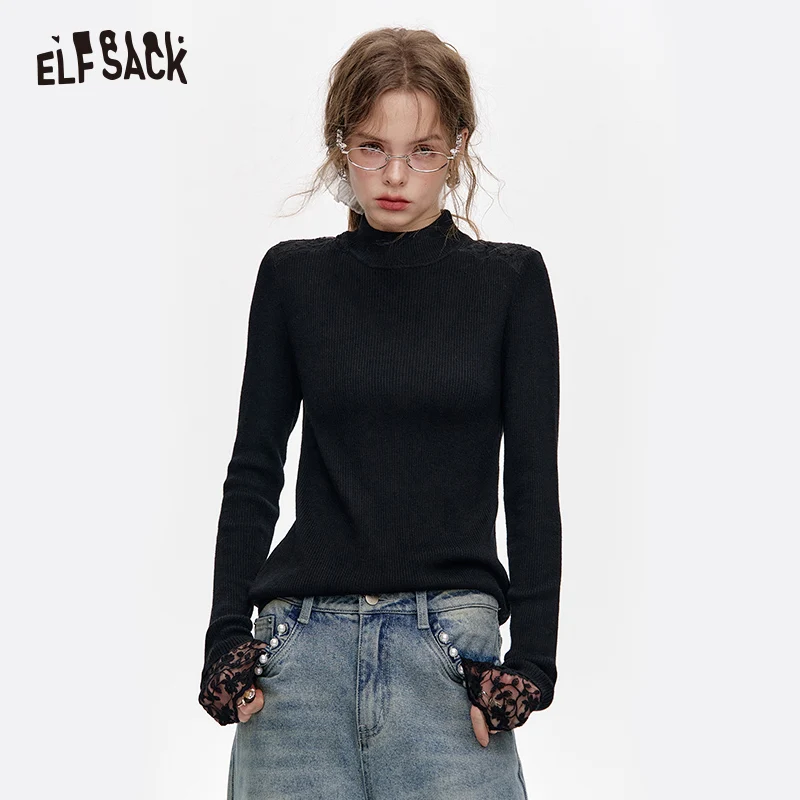 ELFSACK 2024 Winter New Arrivals Black lace patchwork half turtleneck slim fit knitted pullover