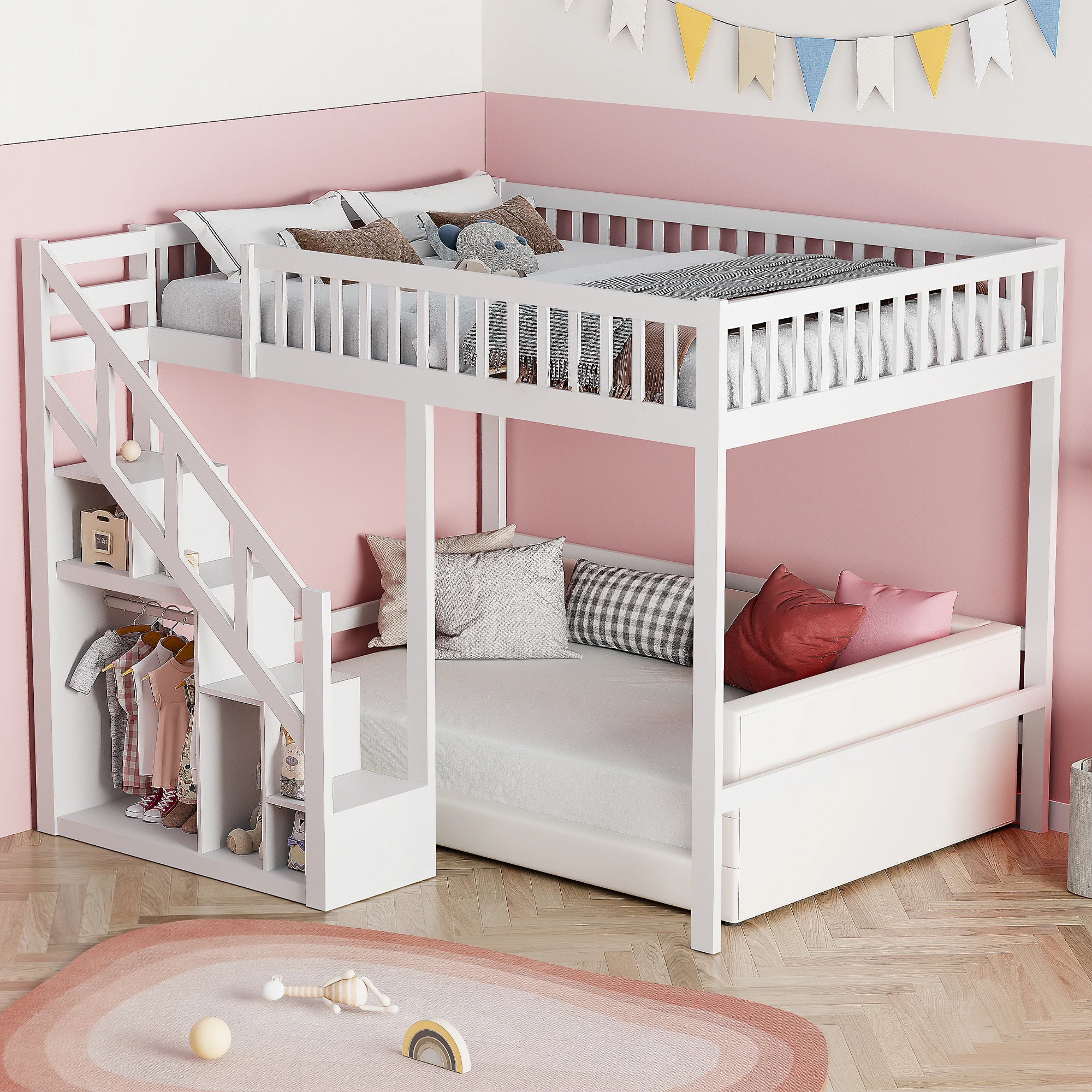 Cama infantil Comanlai de 90 x 200 cm, litera con escaleras y armario de almacenamiento, litera juvenil, para 2 niños, blanca