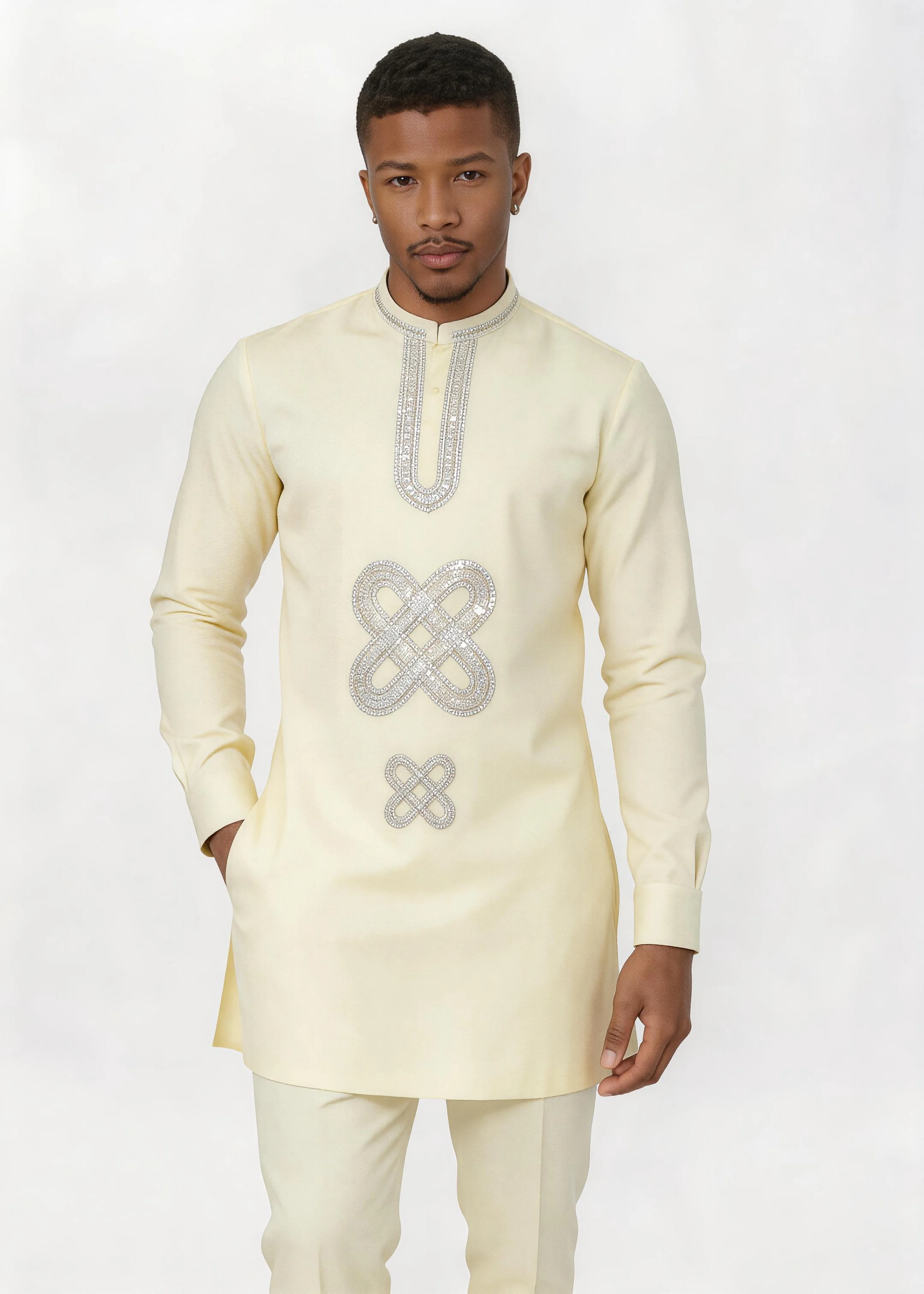 Men Muslim 2Pcs Kurta Pant Set Silver Rhinestone Embroidery Stand Collar Eid Wedding Islamic Thobe Outfit
