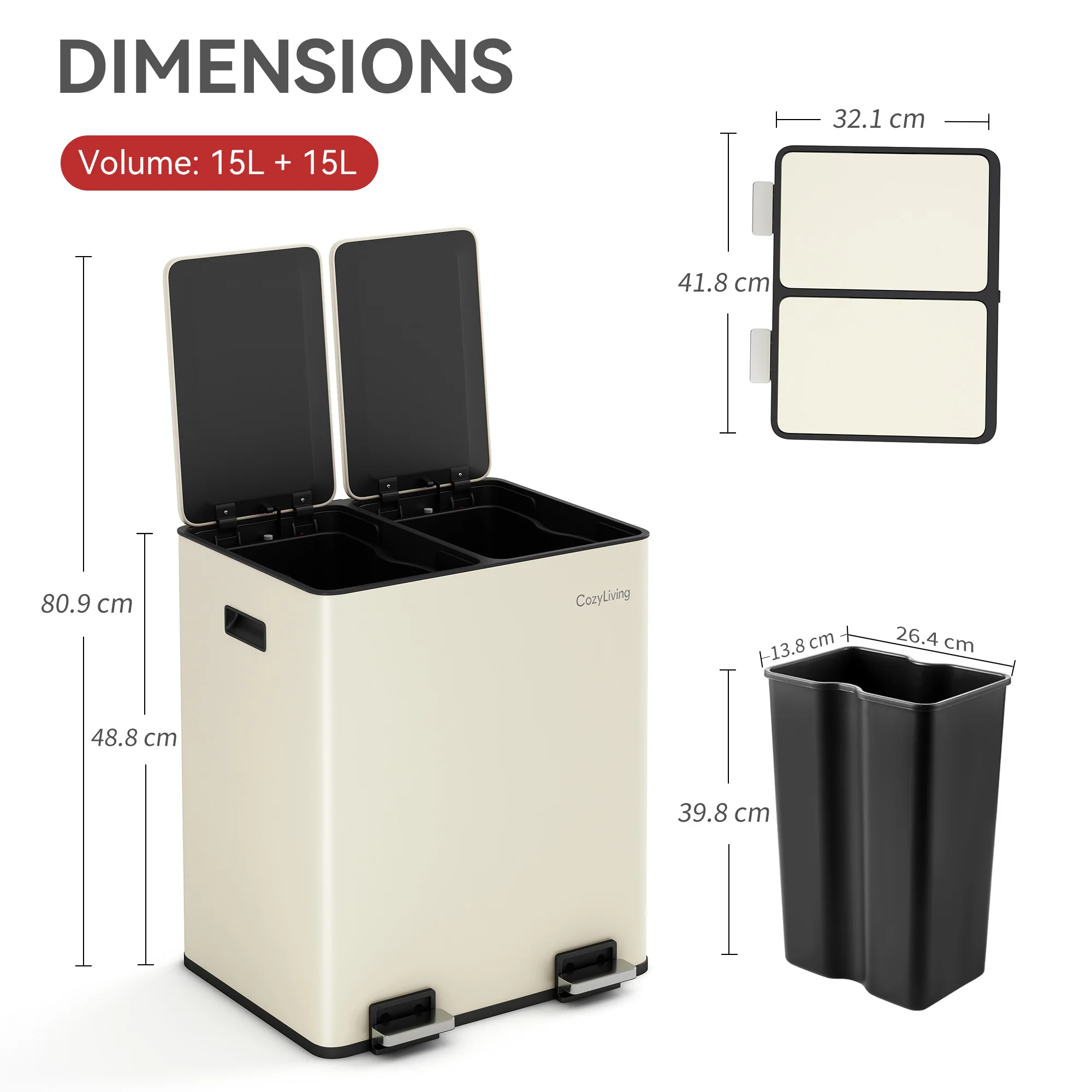 CozyLiving Premium Stainless Steel Dual Compartment Pedal Bin