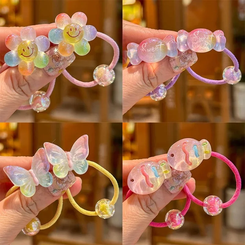 Bandes de cheveux élastiques pour filles, 2 pièces, fleurs colorées et papillons, accessoires pour cheveux, attaches pour enfants, couvre-chef pour bébé