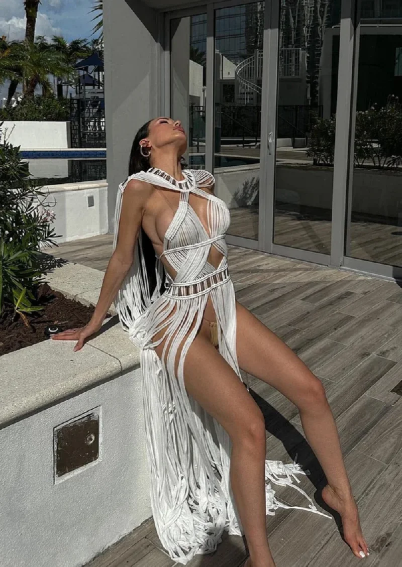 White Thread Knitted Fringe Cover Up Maxi Dress 2025 Women African Goddess Costume Beach Rave Wedding Macrame Dress in Ivory