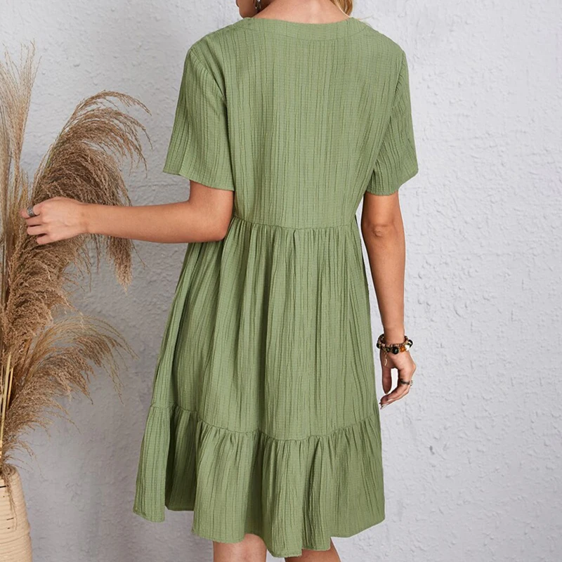 Vestido de Verano Talle Alto Mujer Casual Bohemio Escote V Manga Corta Volantes Holgado Línea A Mini Elegante Playa Fiesta 6
