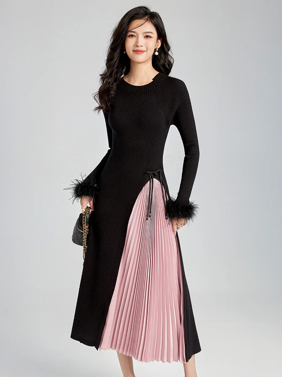 

Elegant Knit Feather Women Evening Dress Long Sleeve A-Line Patchwork Mid-Calf Pullover Folds Slim O-Neck High Waist 2024 Winter