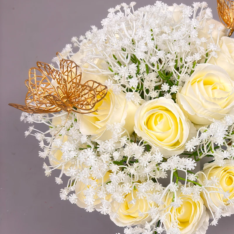 36cm Champagne Rose Artificial Flower Bouquet with Gypsophila & Gold Butterfly for Wedding Centerpiece Home Decor - view 3