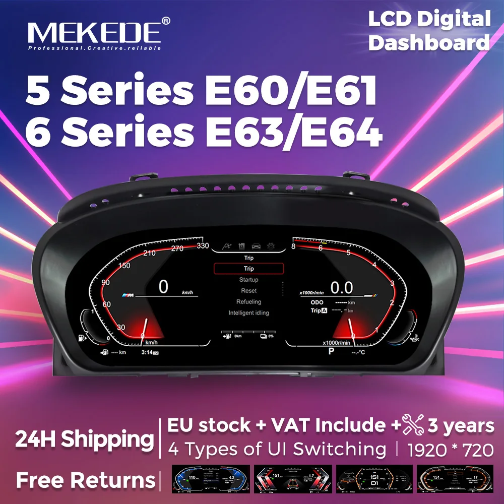 Ensemble d'instruments numériques LCD pour voiture, lumière bleue 12.3 pouces, pour BMW série 5 E60 E61 série 6 E63 E64 CCC CIC, affichage de la vitesse du carburant