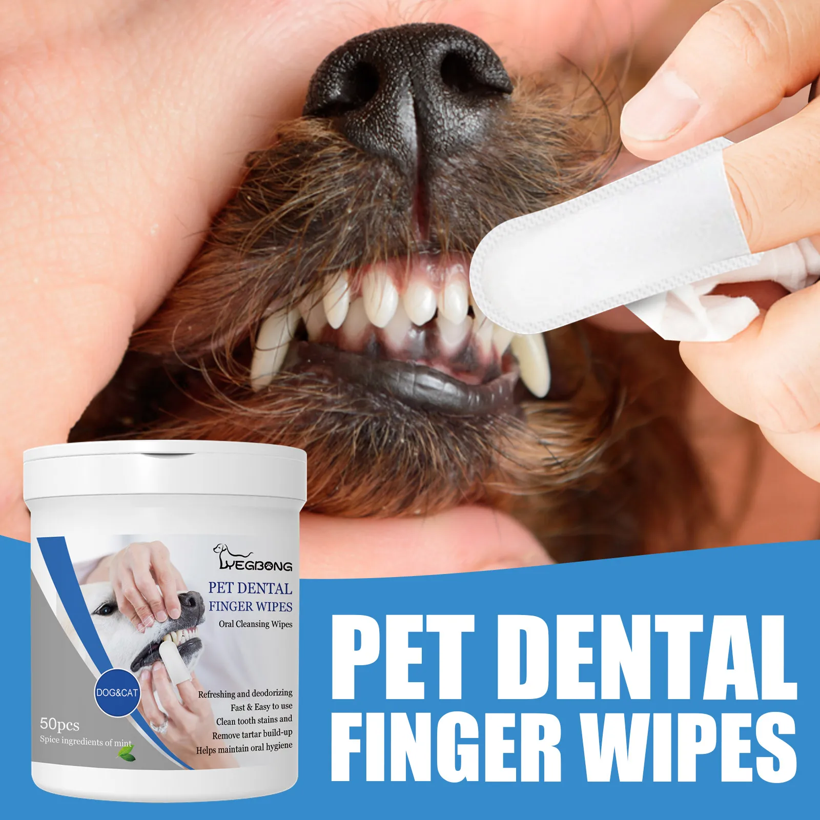 

Yegbong Pet Teeth and Finger Wet Wipes for Dog Mouth Removal, Yellow Cleaning, and Oral Care Finger Covers