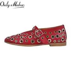 Onlymaker Women Red Round Toe Mary Jane Flats Metal Hollow Buckle Flats Metal Hole  Comfortable Ballet Shoes