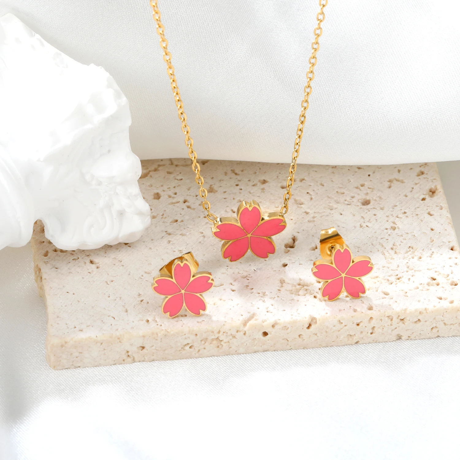 LUXUKISSKIDS Cute Pink Elephant Jewelry Sets Small Sakura Pendant Necklace Earrings Set Fairy Girls Steel Daisy Accessories Gift