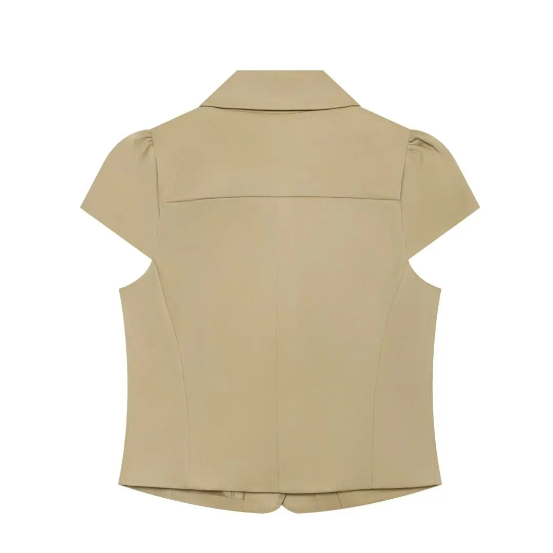 Women Khaki Short Sleeve Blazer Vest Double Breasted Lapel Collar Asymmetric Top Chic Slim Office Lady Suit Jackets 2026