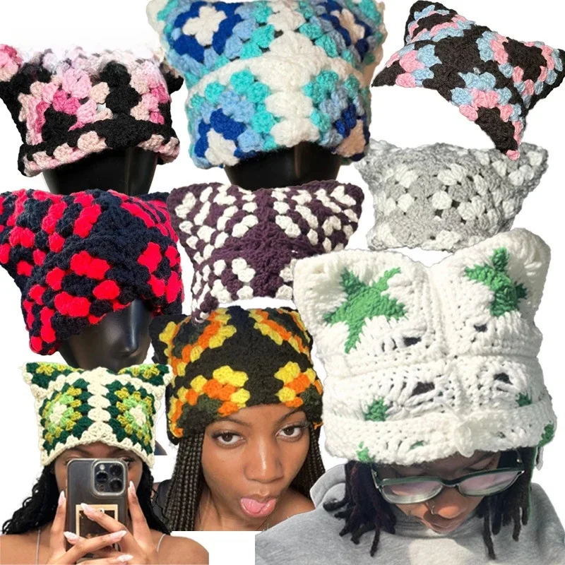 Ręcznie robiona czapka typu beanie Millennium kobiety Kawaii Y2K Harajuku Punk Gothic czapka z dzianiny zimowa kobieta mężczyźni moda retro zimny kapelusz — zdjęcie 2