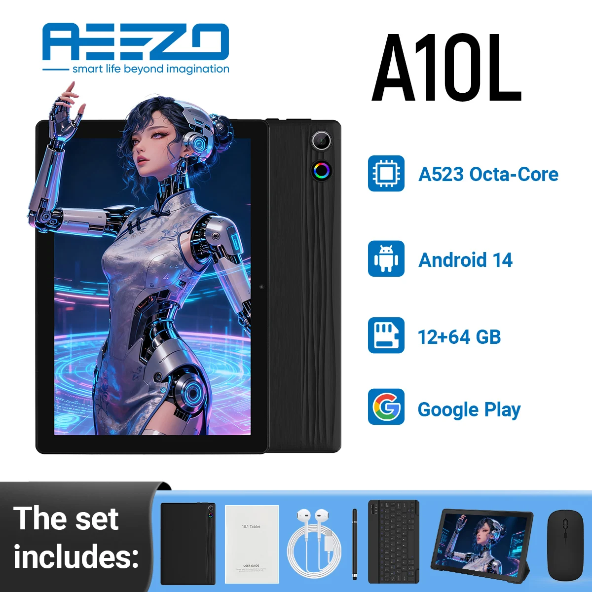 AEEZO A10L Tablet Android 14 da 10.1 pollici Schermo HD IPS Octa-Core 12GB + 64GB Stilo Tastiera Mouse Cuffie Tablet Android 2025