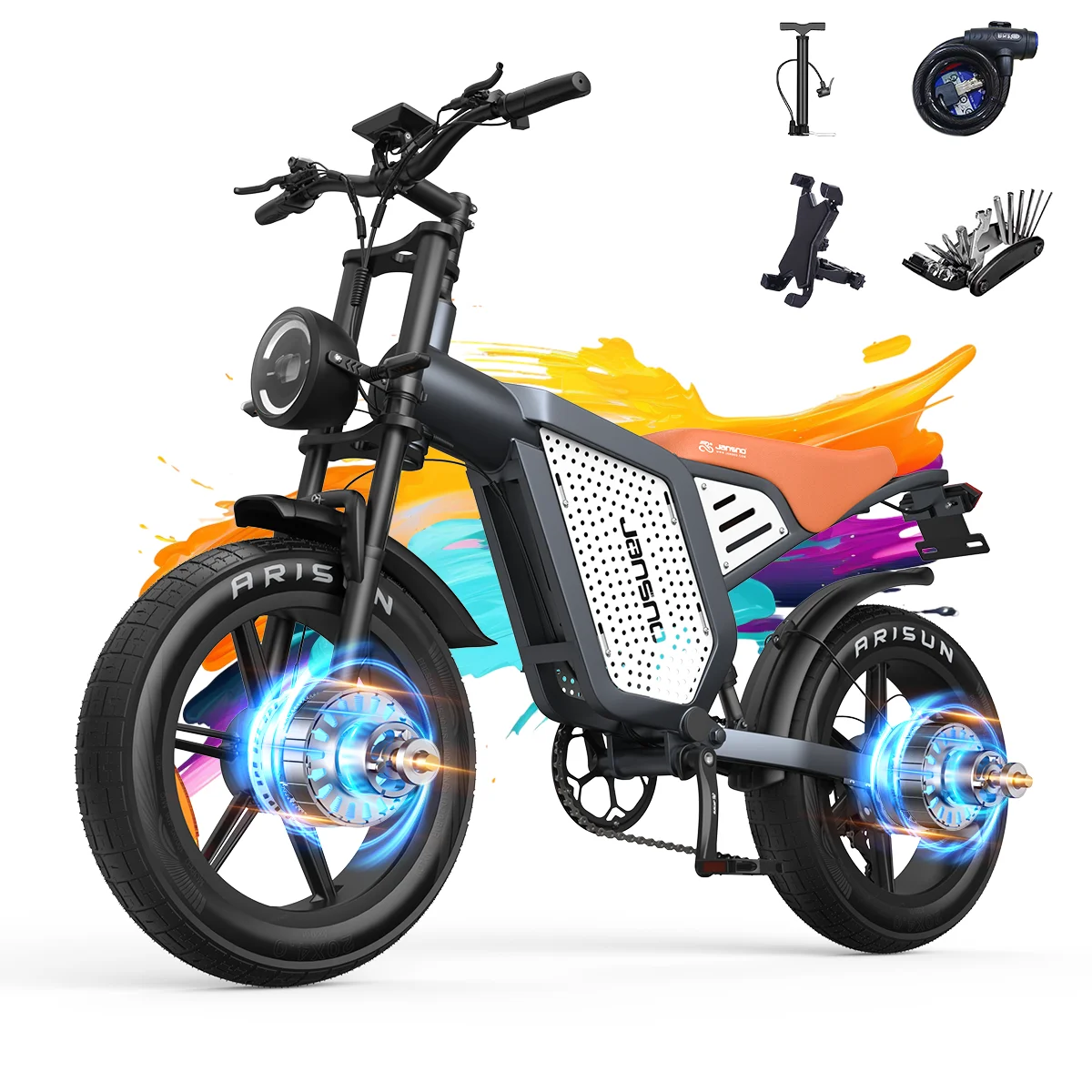 Détail du système de suspension du vélo électrique JANSNO X60G pour une conduite tout terrain.