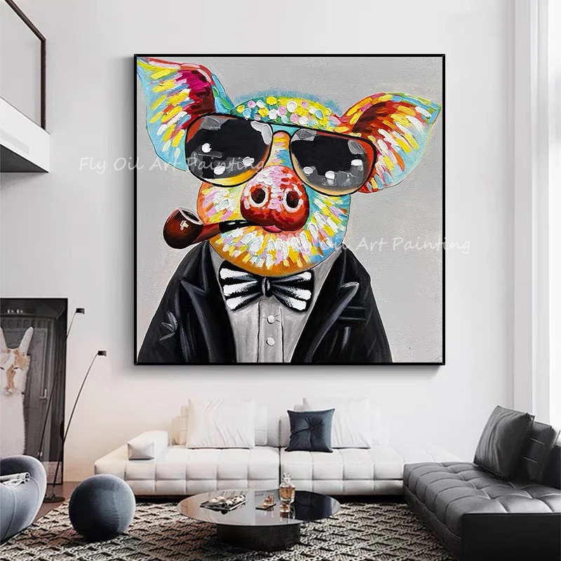 

100% Handmade colorful pig smoking cool animal square picture Oil Painting On Canvas home decoration