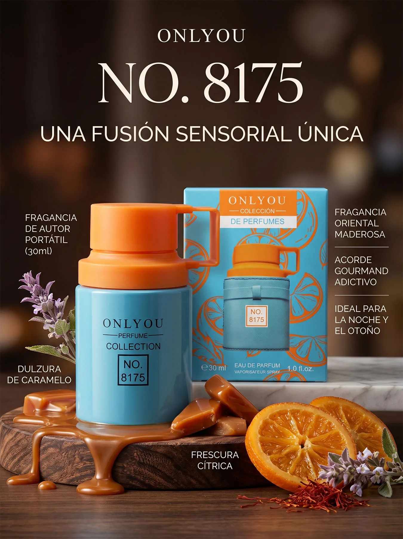 Perfume Hombre ONLYYOU NO. 8175 Fragancia Oriental Maderosa 30ml con Caramelo y Cítricos | Loción Masculina de Larga Duración Diseño Portátil Ergonómico Ideal para Noche y Otoño Aroma Intenso y Sofisticado