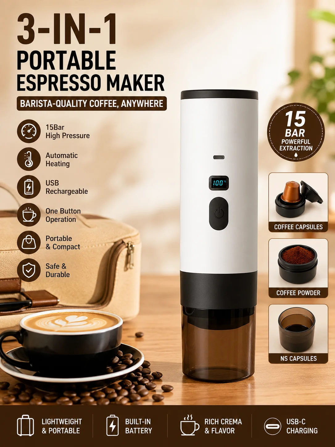 Cafetera espresso portátil 3 en 1, recargable por USB, calentamiento automático, 15 bares, apta para viajes, camping… — oferta en AliExpress