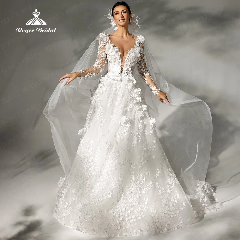 

Roycebridal Gorgeous Lace Appliques A Line Wedding Dress with 3D Flowers Sexy V Neck Long Sleeve vestidos para mujer Customized