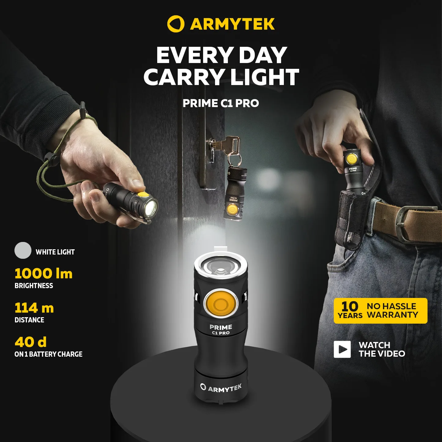 Armytek-linterna LED Prime C1 Pro, 1000 / 930 lúmenes, recargable por USB, EDC 3 en 1 (F07901W / F07901C)