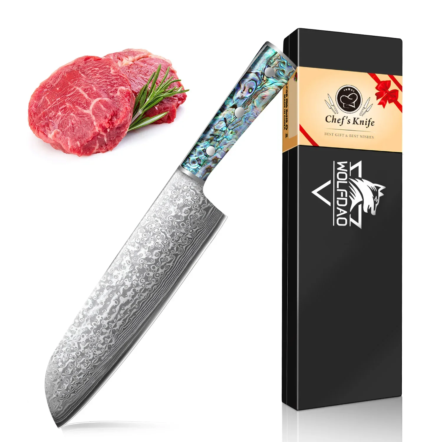 SAEIV  Damast Santoku Messer VG10 Kochmesser 67 Lagen Damaststahl 18cm Klinge Ergonomischer Rutschfester Abalone Muschel Griff Küchenmesser Fleischmesser Ausbeinmesser Geeignet für Haushalt Und