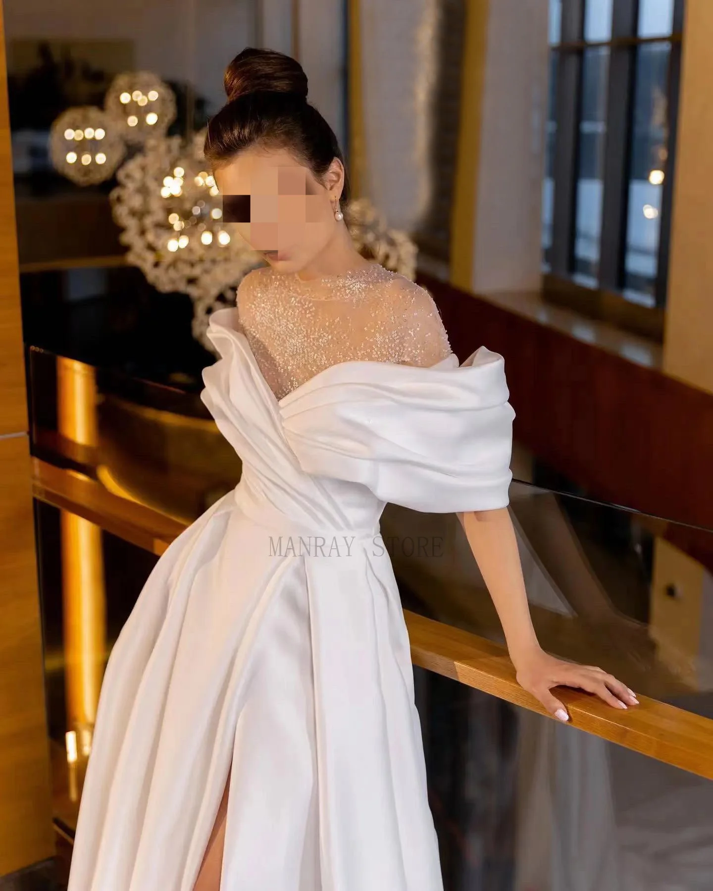 MANRAY O Neck Beaded Sweetheart Satin A Line Wedding Dresses Side Slit Pleat 2023 Formal Bridal Grown kleider damen hochzeit