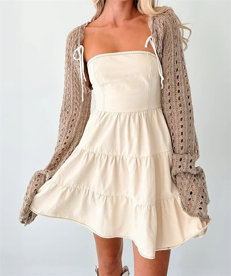 Women's Sexy Long Sleeve Hollow Out Knit Shawl Crop Top Beach Cardigan Blouse Crochet Bikini Cover Up Swimsuit Sunscreen Cape