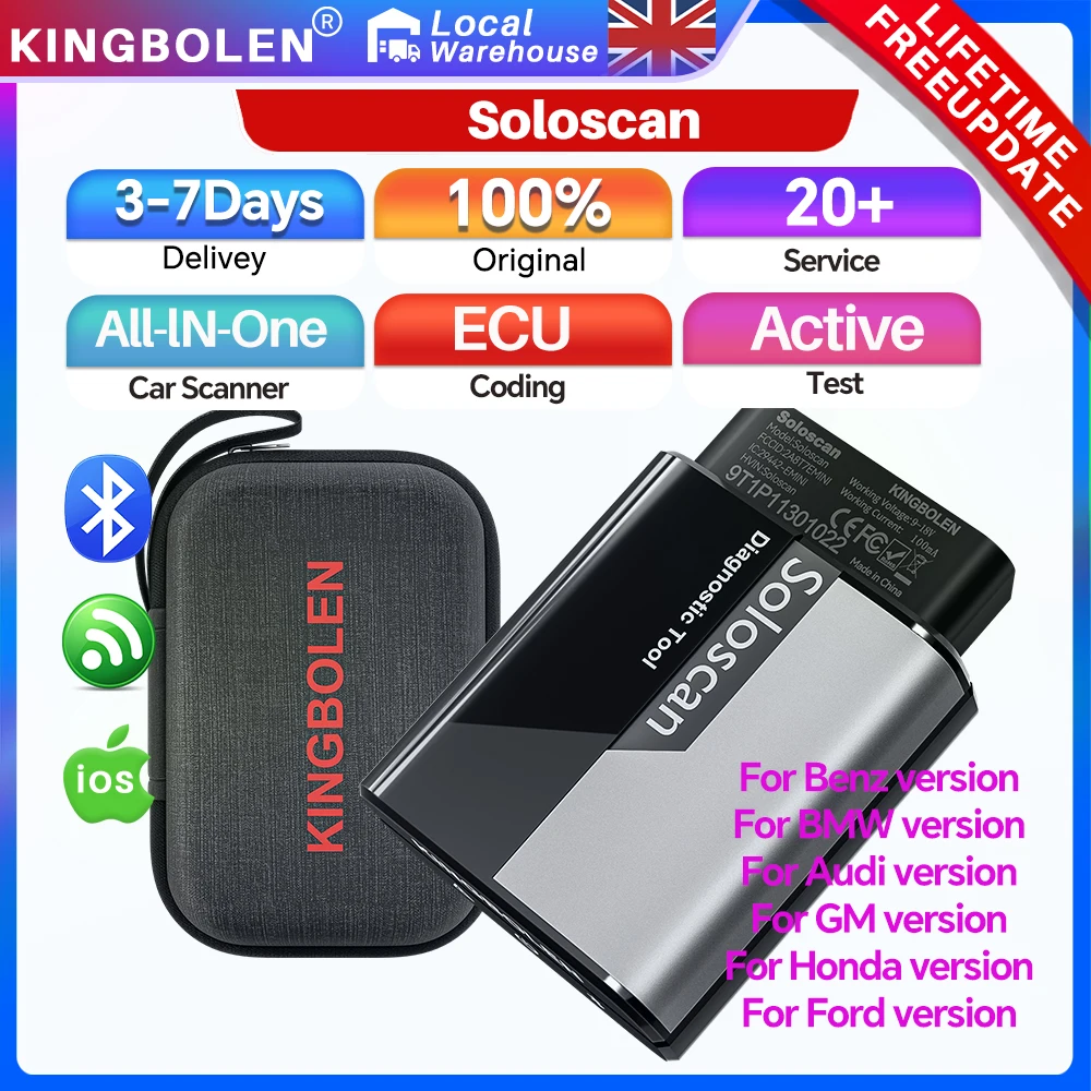 KINGBOLEN Soloscan OBD2 Scanner Bluetooth, Bi-directional 20+ Resets Car Diagnostic Scan Tool for Benz/BMW/Audi/GM Lifetime Free