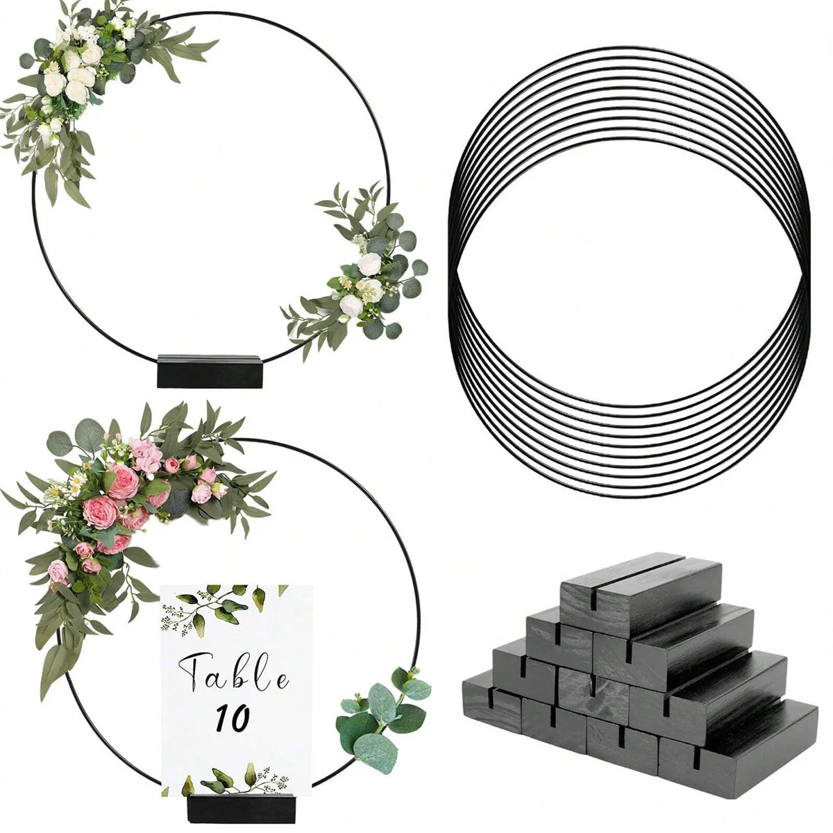 10 Stück florale Reifen-Mittelstücke mit Ständer für Tisch, Metall-Mittelstücke, 10/12 Zoll goldene Kreis-Mittelstücke für Hochzeitsempfang – Detail 10