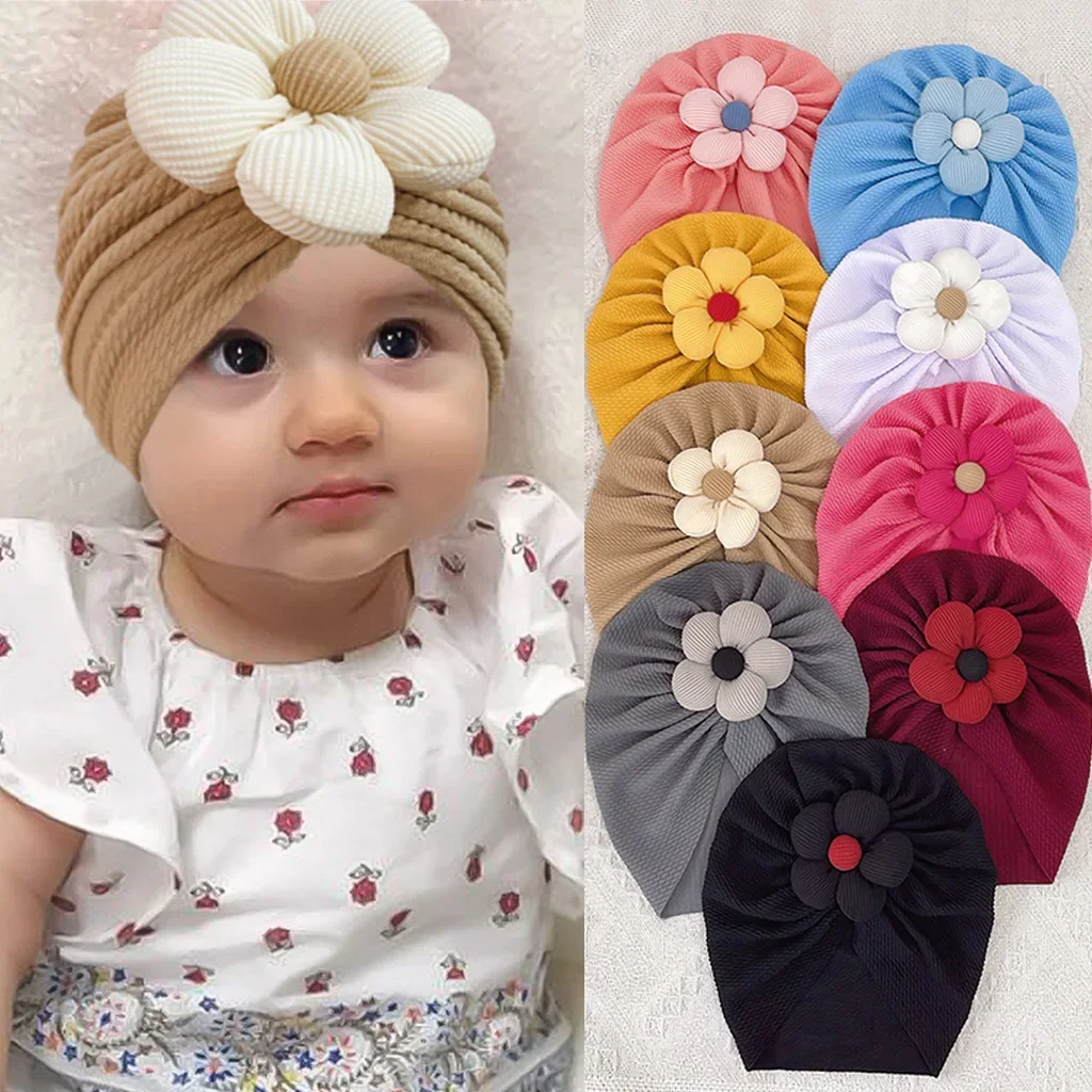 Uroczy kwiatowy kapelusz dla niemowląt noworodkowe czapki niemowlęca czapka indyjska maluch Headwraps solidny turban dziewczęcy Bonnet akcesoria do włosów — zdjęcie 2
