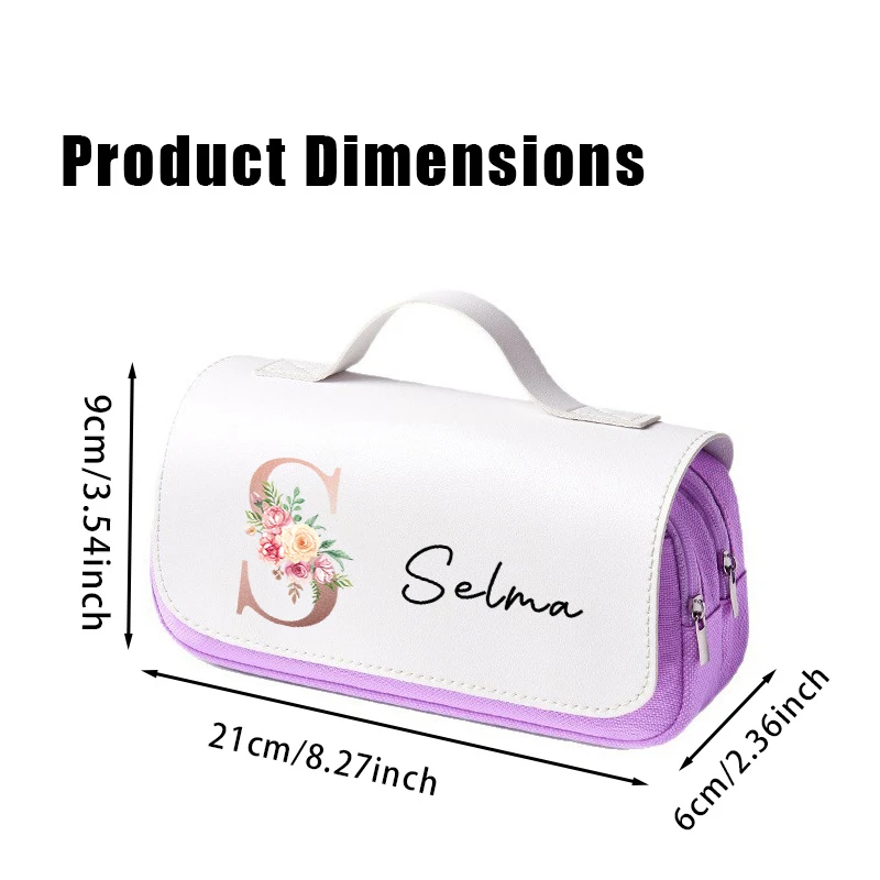 Pink Custom Initial & Name 3-Layer Large Capacity Pen Pouch with Handle Back to School Gift for Boys Girls