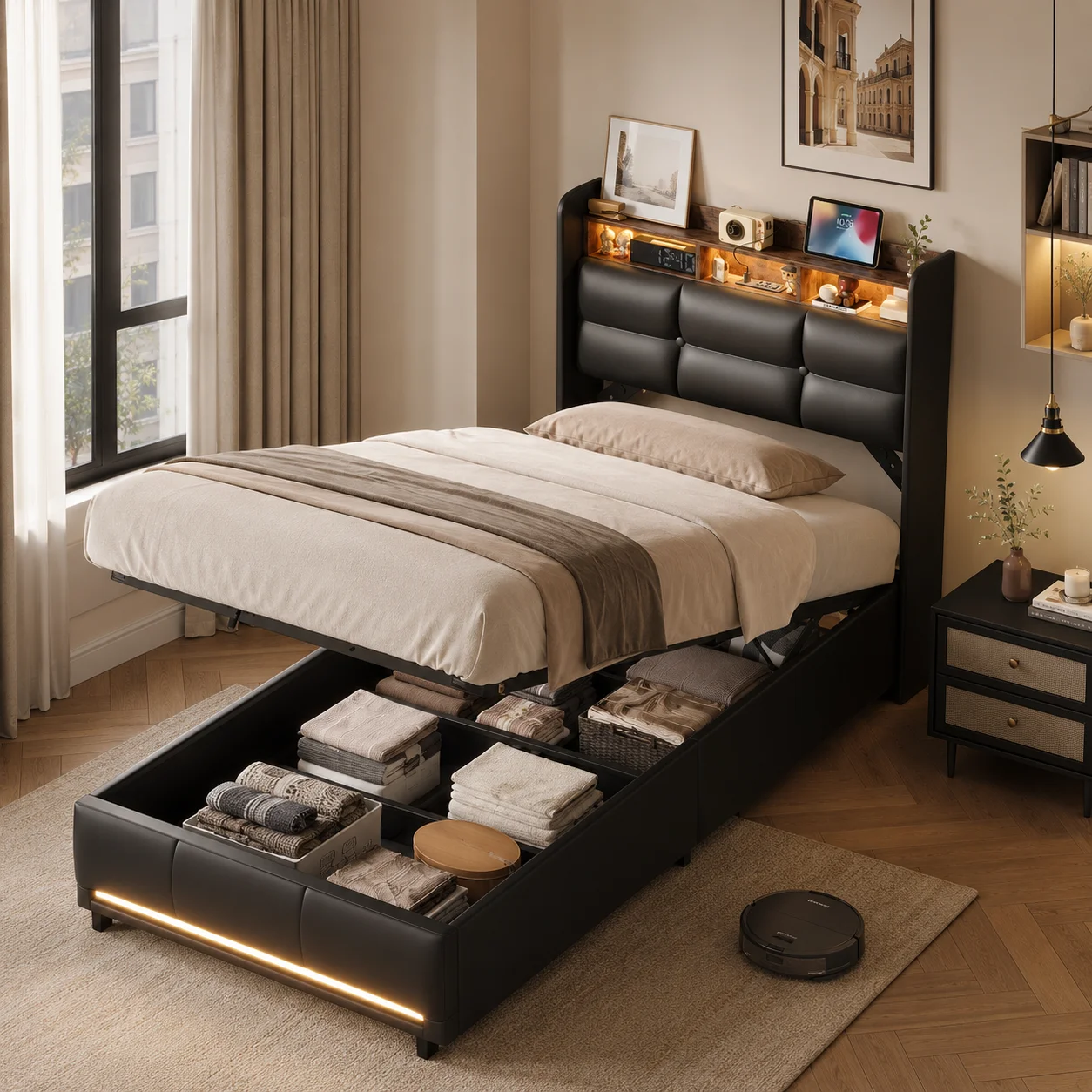 Letto contenitore 90x200, meccanismo idraulico, letto singolo con base a doghe, testiera con contenitore, per piccoli appartamenti, nero in PU—materas