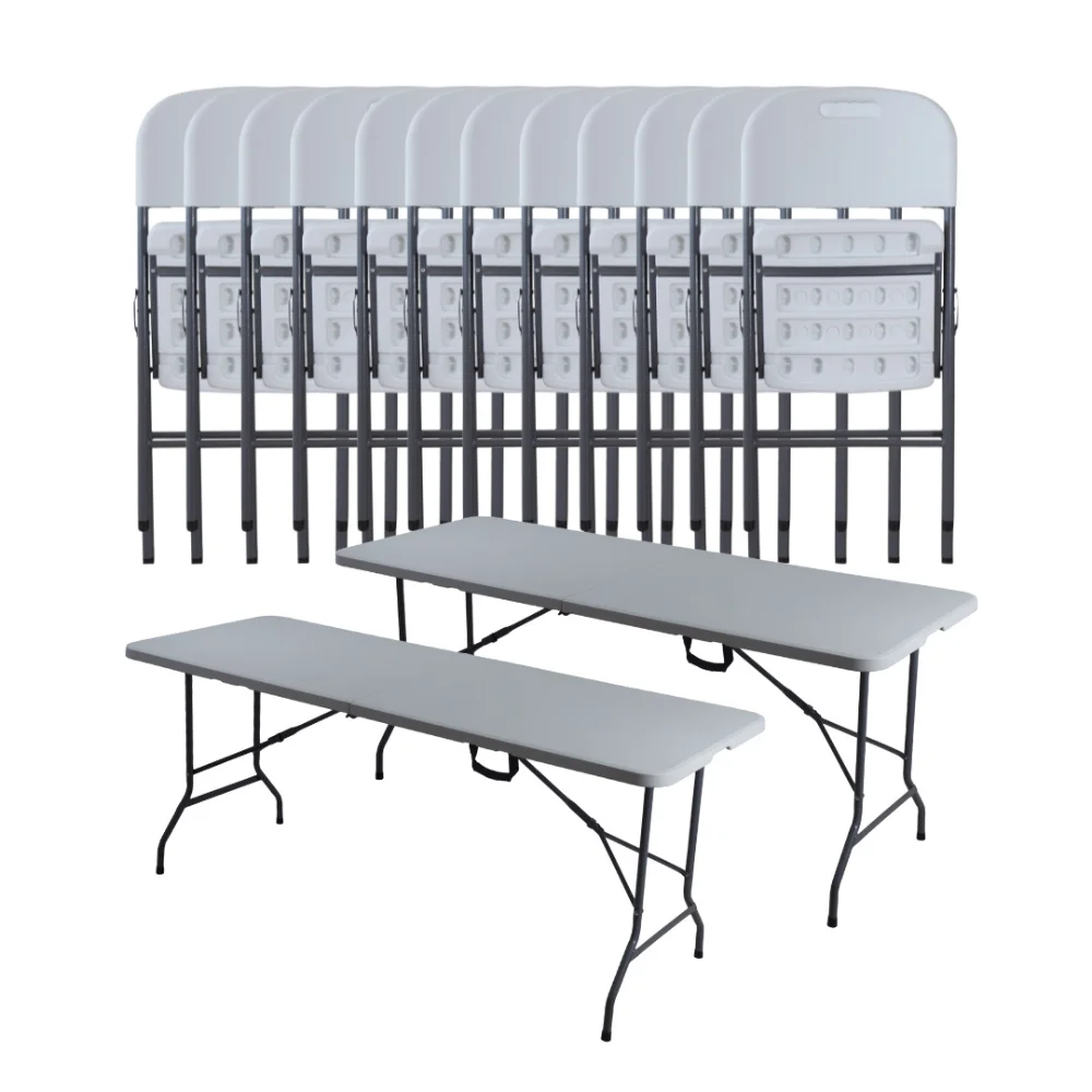 مجموعة مكونة من طاولتين بيضاء قابلة للطي 180 فيرونا و12 كرسيًا أبيضًا قابل للطي للمناسبات والحفلات – الشحن من المكسيك