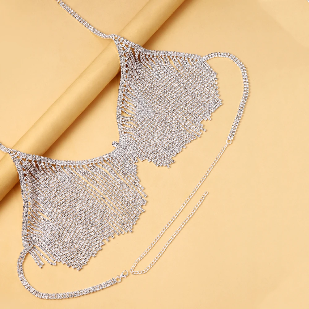 Sexy Multilayer Chest Chain Jewellery Rhinestone Bra Women Beachy Bikini Fashion Sparkling Crystal Body Chain Cham Tassel