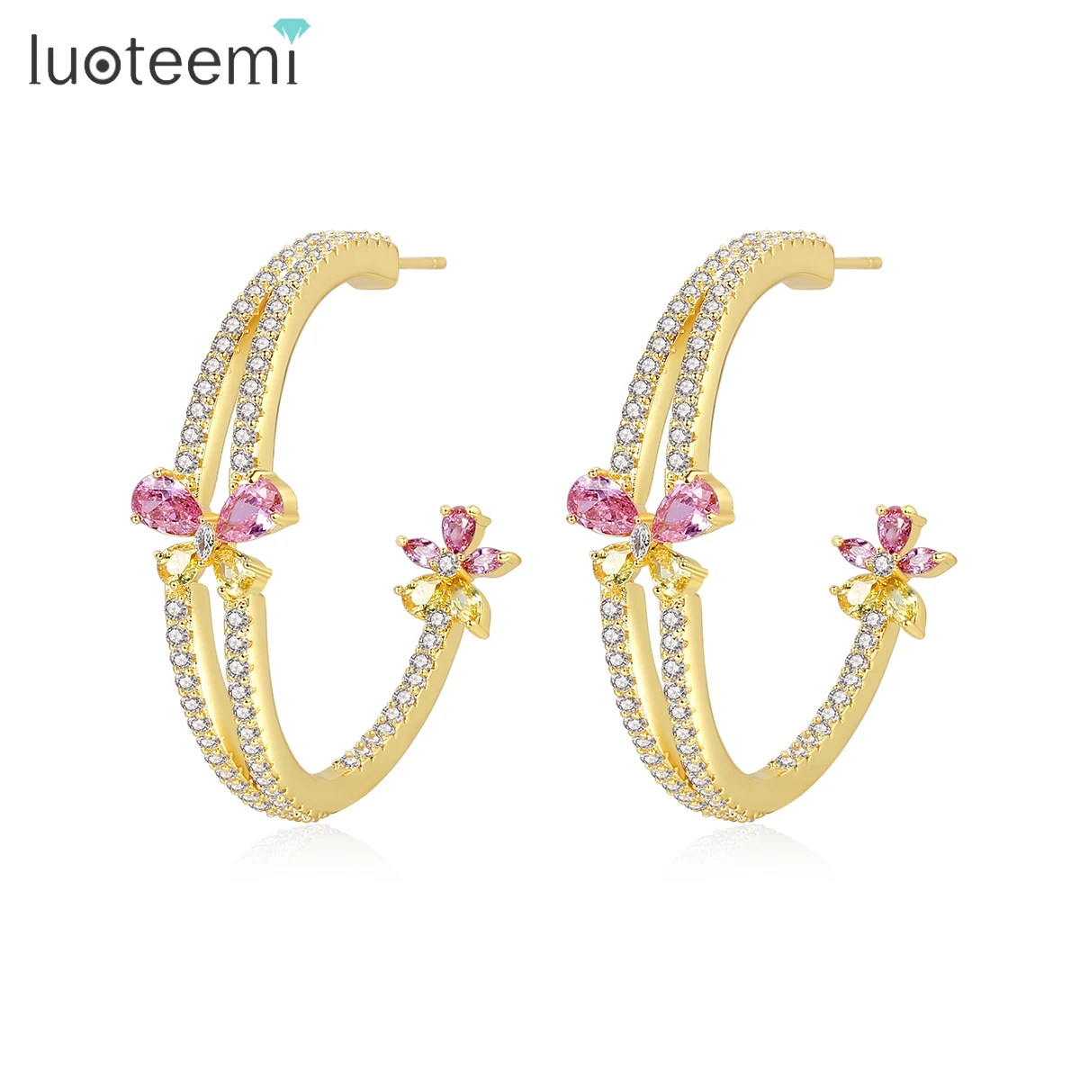 LUOTEEMI Pink and Yellow Butterfly Cubic Zirconia Hoop Earring for Women Big Fashion Gold Color Double Layer Girl Party Accessoy