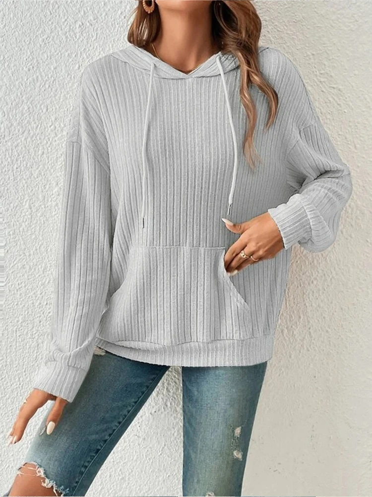 

Autumn Woman Hooded Pit Striped Knitted Sweatshirt Long Sleeve Kangaroo Pocket Lady Pullover Loose Solid Color Drawstring Hoodie