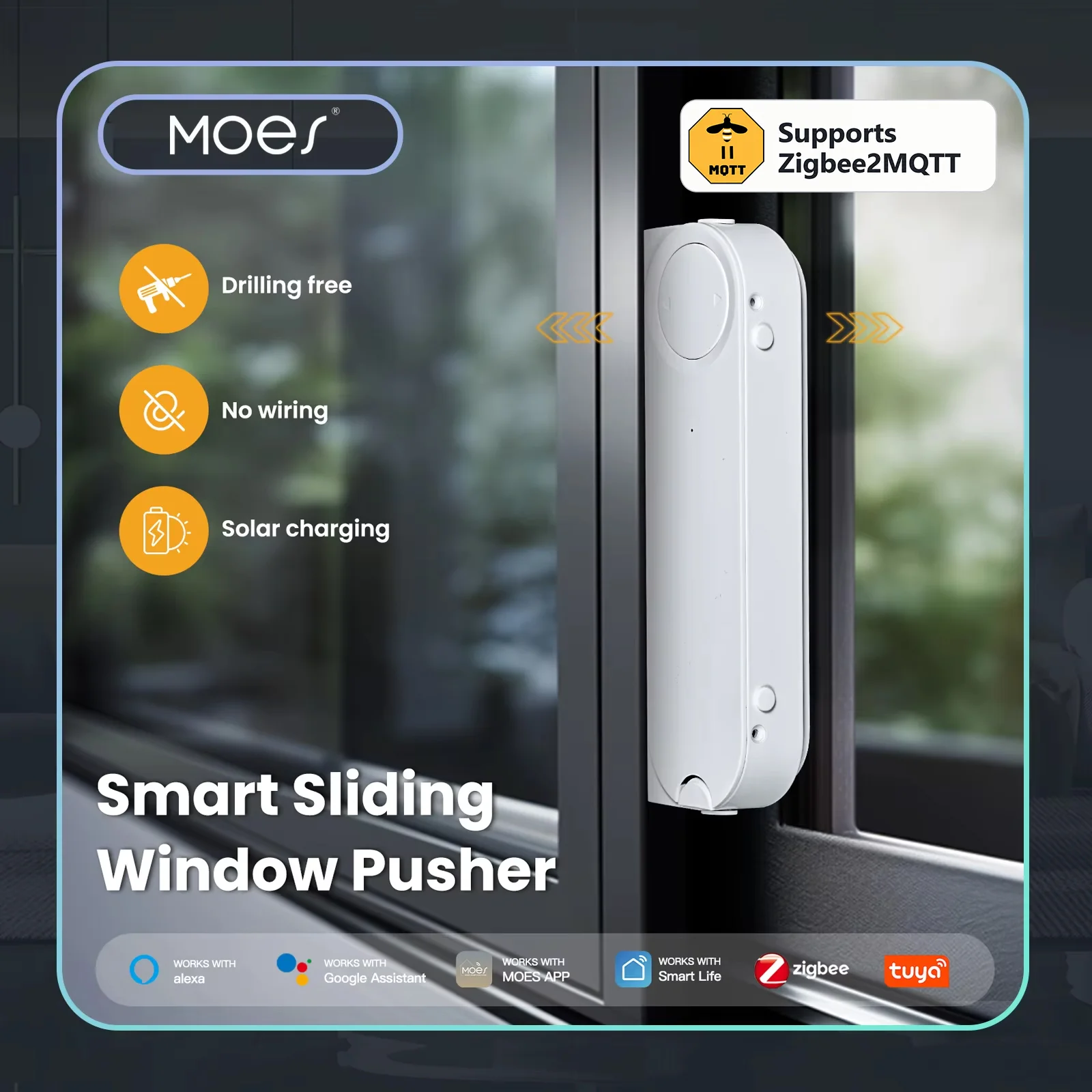 MOES Tuya Zigbee2MQTT Smart Sliding Window Pusher Automatic Opener Closer Solar Charging App Remote Control Alexa Google Home