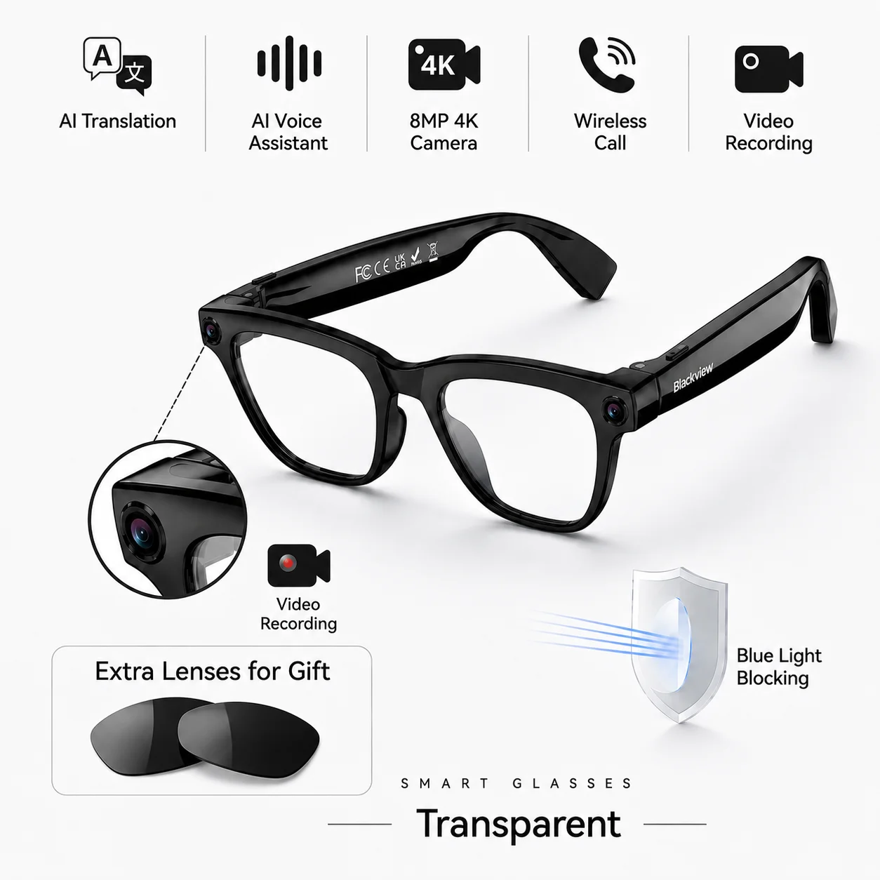 Blackview 4K 8MP BV300 AI Smart Bril Kleurveranderende AI Vertaling Foto's Video-opname Oproep Audio Slimme Zonnebril Man Nieuw