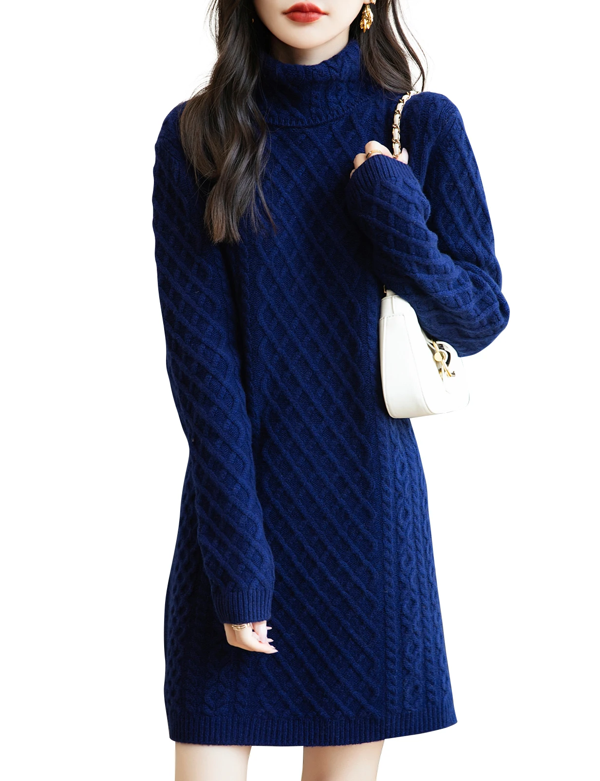 Women's Turtleneck Sweater Dress 100% Merino Wool Dresses 2024 Fall Winter Vintage Long Sleeve Knit Long Sweater Female Clothing