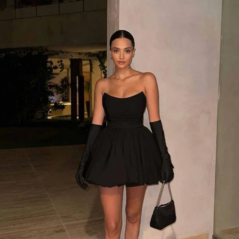 Customized Short Black Strapless Homecoming Party Evening Dress For Women 2024 Above Length Ruched Cocktail Dresses With Gloves