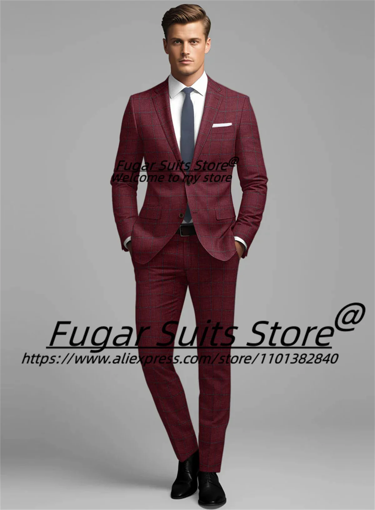 Wine Red Handsome Plaid Men Suits Slim Fit Notched Lapel Groom Prom Tuxedos 2 Pieces Sets Business Male Blazers Costume Homme