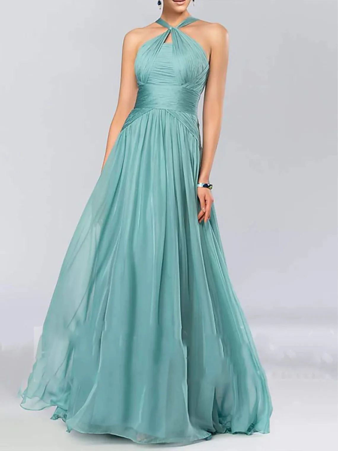 

Elegant A-Line Halter Neck Sleeveless Chiffon Floor Length Ruffles Bridesmaid Dress Evening Dress 2025 free customized